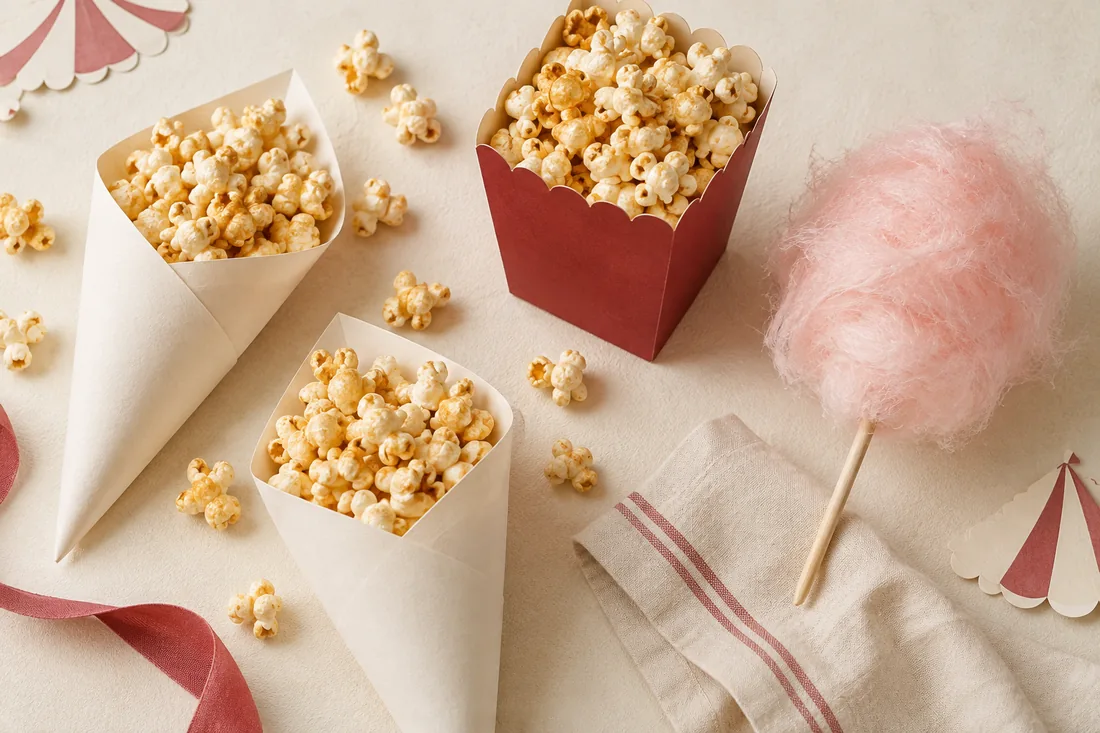 Cornets, popcorn et nuage rose sur du lin