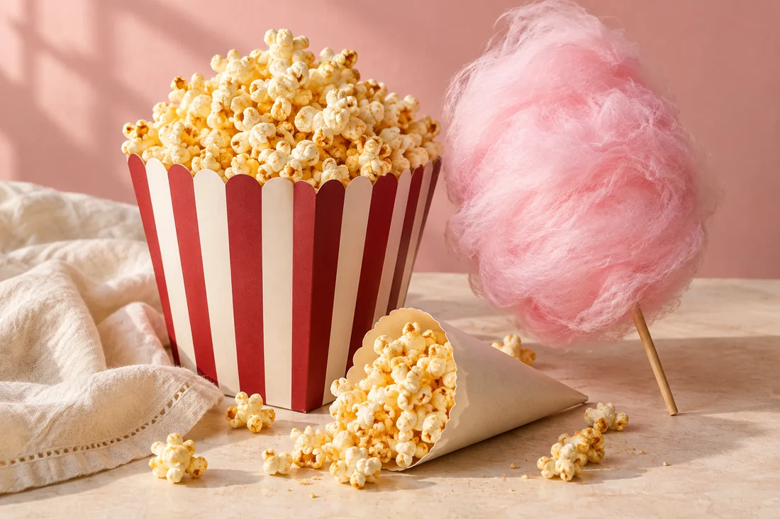 Cornet de popcorn doré et barbe à papa rose sur une table crème