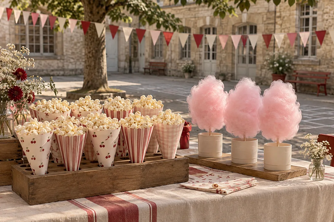 Cornets et barbes à papa sur une table de fête