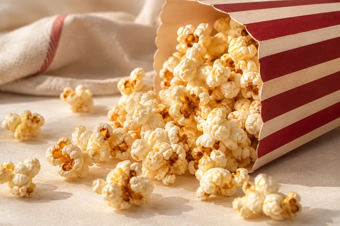 Gros plan de popcorn et d’un cornet à rayures cerise